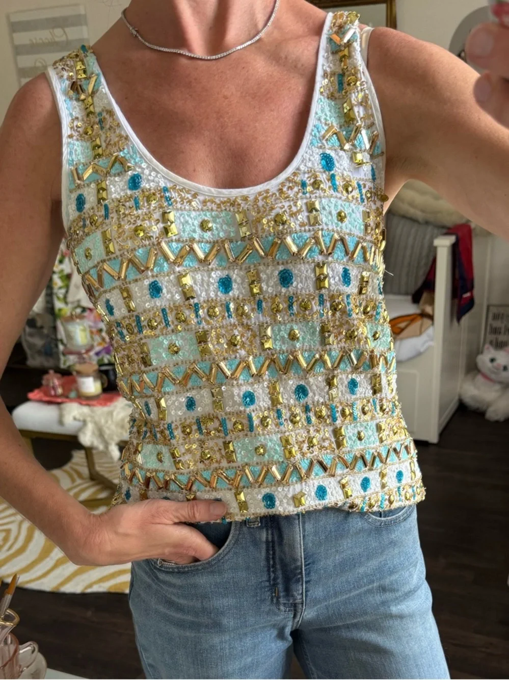 Boston Proper Beaded Sequin Tank Top Gold Aqua Resort Luxe Yacht Club Glam Sz S - Picture 3 of 7